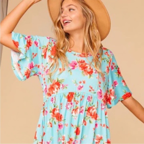 Size small Turquoise & Pink Floral Dress, EUC - Picture 1 of 6